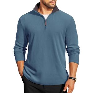 COOFANDY Mens Quarter Zip Pullover Lightweight Sweater Casual Long Sleeve Corduroy Half Zip Sweatshirt (Large, Dark Blue)