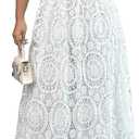 ASANDY Women's Floral Lace Short Sleeve Square Neck Flower Swing Hem Layered Fairy Wedding Bridesmaid Cocktail Maxi Dress (Large, White)