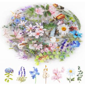  Natural Flower Stickers for Scrapbooking,Self-Adhesive Transparent Flower Stickers Scrapbook Supplies Journaling Supplies for Adult Card Making Letters DIY Water Bottle Cards Decoration