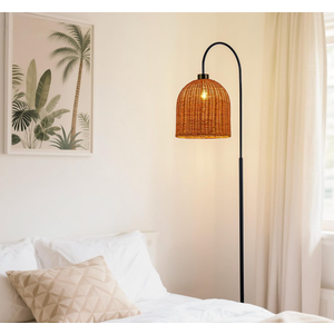 MAYNA Arc Floor Lamp with Woven Rattan Shade, Matte Black Standing Reading Light with Curved Arm & Foot Switch, Tall Boho Mid-Century Lamp for Living Room Bedroom Coastal Rustic Decor, Bulb Included