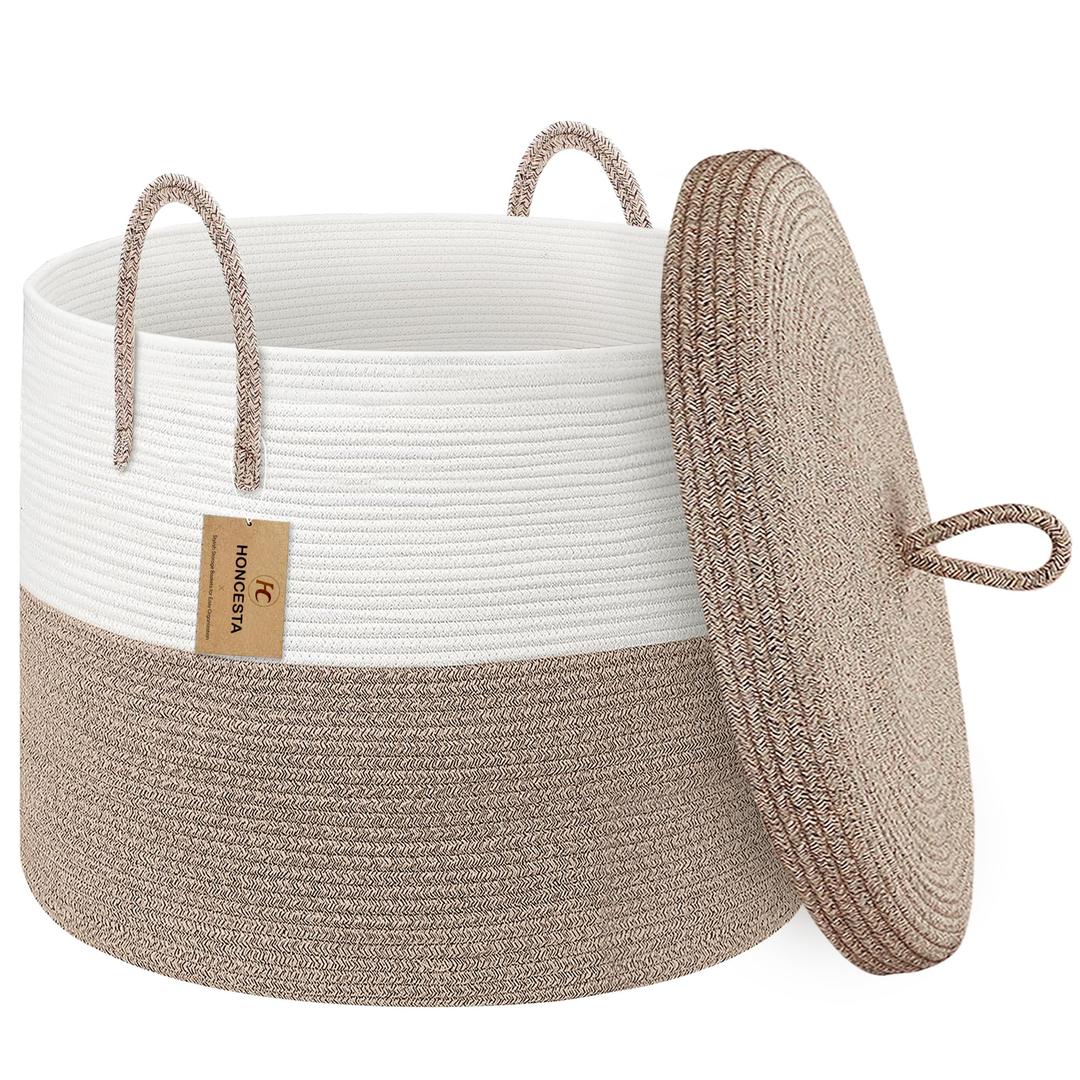 HONCESTA 18" X 14" Large Wicker Basket with Lid, Blanket Basket Living Room, Woven Cotton Rope Storage Bin, Kids Dog Toy Storage Bin Box, Tall Laundry Hamper, Blankets Pillows Organizer Holder