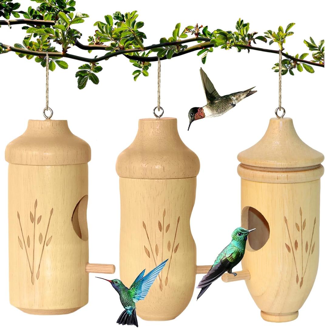 Hummingbird House - Natural Wooden Hummingbird Houses for Outside Hanging, Gardening Gifts Home Decoration 3 Packs (Set-2)