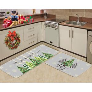 Merry Christmas Kitchen Rugs Set of 2 Grey Farmhouse Decorative Rubber Backing Xmas Winter Holiday Floor Mat Tree Joy Mat Anti-slip Let It Snow Decorations for Indoor Outdoor Home 17x28 and 17x47 Inch