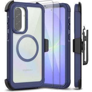 for Samsung Galaxy A36 5G Case, [Transparent & Holster Series] Belt Clip Full Body Shockproof Protective Cell Phone Cover with 2 Pack Tempered Glass Screen Protector (Blue/Clear)