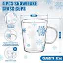 Baderke Set of 4 Snowflake Glass Coffee Mugs 12 oz Borosilicate Glass Cups with Handle Clear Winter Holiday Coffee Cups White Blue Snowflake Mugs for Drinking Beverages Latte Hot Chocolate
