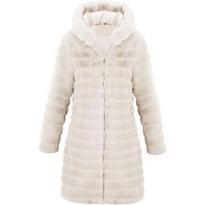RISISSIDA Women Long Faux Fur Coat Fuzzy Jacket Hooded Winter Fall Warm Overcoat (Small, Beige-horizontal Texture)