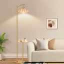 QIYIZM Gold Floor Lamp with Table and Shelves for Living Room Bedroom,Glass Standing Lamp with Remote Dimmable,Boho Brass Tall Lamp Vintage Farmhouse Arc Flower Floor Light Bohemian