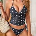 Verdusa Women's Halter Tankini Swimsuits 2 Piece Polka Dots Bikini Set Tie Backless Tops with Panty (Black, S)