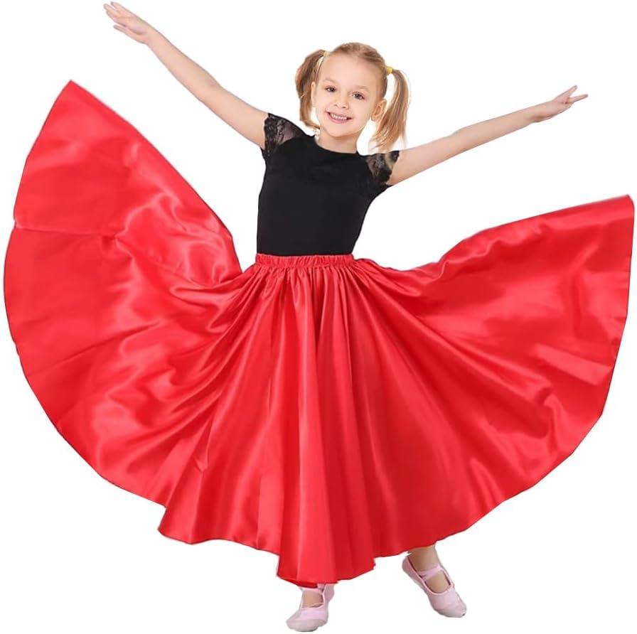 Belly Dance Circle Long Ankle Length Maxi Satin Belly Latin Dance Skirt for Kids Girls Costume 8-12 Years (One Size, Red)