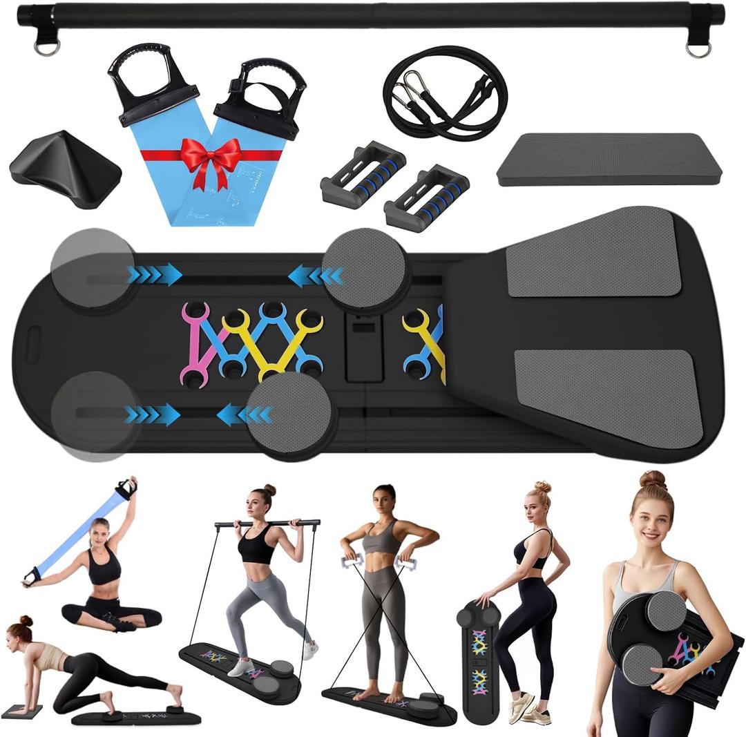 Pilates Reformer Board Set for Home Workout, Multifunctional Portable Foldable Pilates Board for Small Spaces, Extra Complimentary Tension Straps, Full Body Workout for Women/Men (Black)