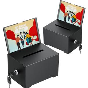 Uniclife 2 Pack Metal Donation Box for Fundraising, Suggestion Box with Slot and Lock, Black Ballot Boxes with Sign Holder, Storage Container for Voting Charity Tip Collection, 6.4" x 4.7" x 4"
