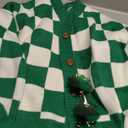 Dokotoo Womens Checkered V Neck Button Down Long Sleeve Cable Knit Cropped Cardigan Sweaters Tops (Large, Green)