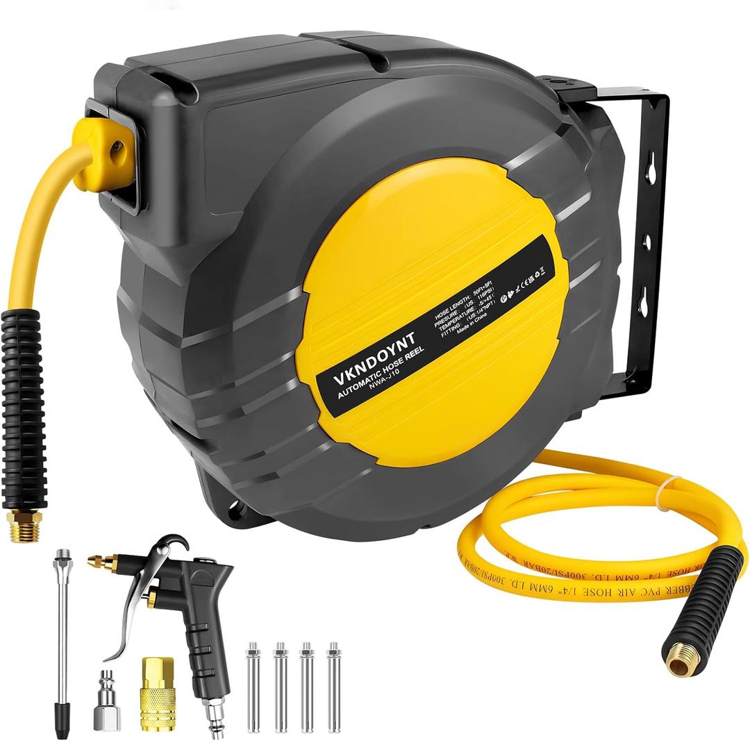 Vkndoynt Retractable Air Hose Reel, 1/4 IN x 50 FT Hybrid Polymer Hose, Auto Rewind, Wall Mount, Dark Gray/Yellow