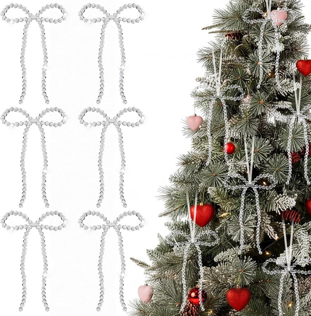Dingion 6 Pcs Valentines Day Crystal Bow Ornaments for Tree Decorations Sparkly Rhinestone Beads Bow Hanging Ornaments Rhinestone Bowknot Decoration for Valentine Tree Wreath Garland Fireplace