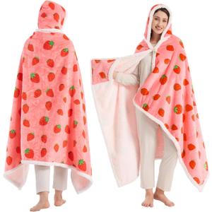 Strawberry Wearable Blanket Hoodie, Valentines Day Gifts for Her Wife Women, Mothers Day Birthday Anniversary Day Gift for Mom Sister, Flannel & Sherpa Throw Blanket for Women Shawl Wraps Poncho Robe