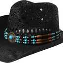Wildarms Western Cowboy Hat for Women Men Wide Brim Woven Straw Cowboy Hat for Men Cowgirl Exquisite Decoration Band (7 1/4, Lu12890-black)