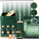 32PCS Dark Green Bathroom Accessories Set with Shower Curtain,Rugs,Trash Can,3PCS Lotion Soap Dispenser, Toothbrush Holder, Soap Dish,Tumbler Cup,6PCS Wood Tags Bath Accessories with Tray for Bathroom