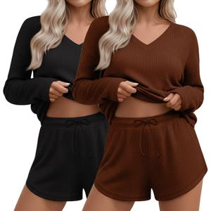 2 x Yearntown 2 Pack Women's Waffle Knit Lounge Sets Long Sleeve V Neck Pajama Sets Tops and Shorts Loungewear with Pockets(Black, Coffee,Medium)