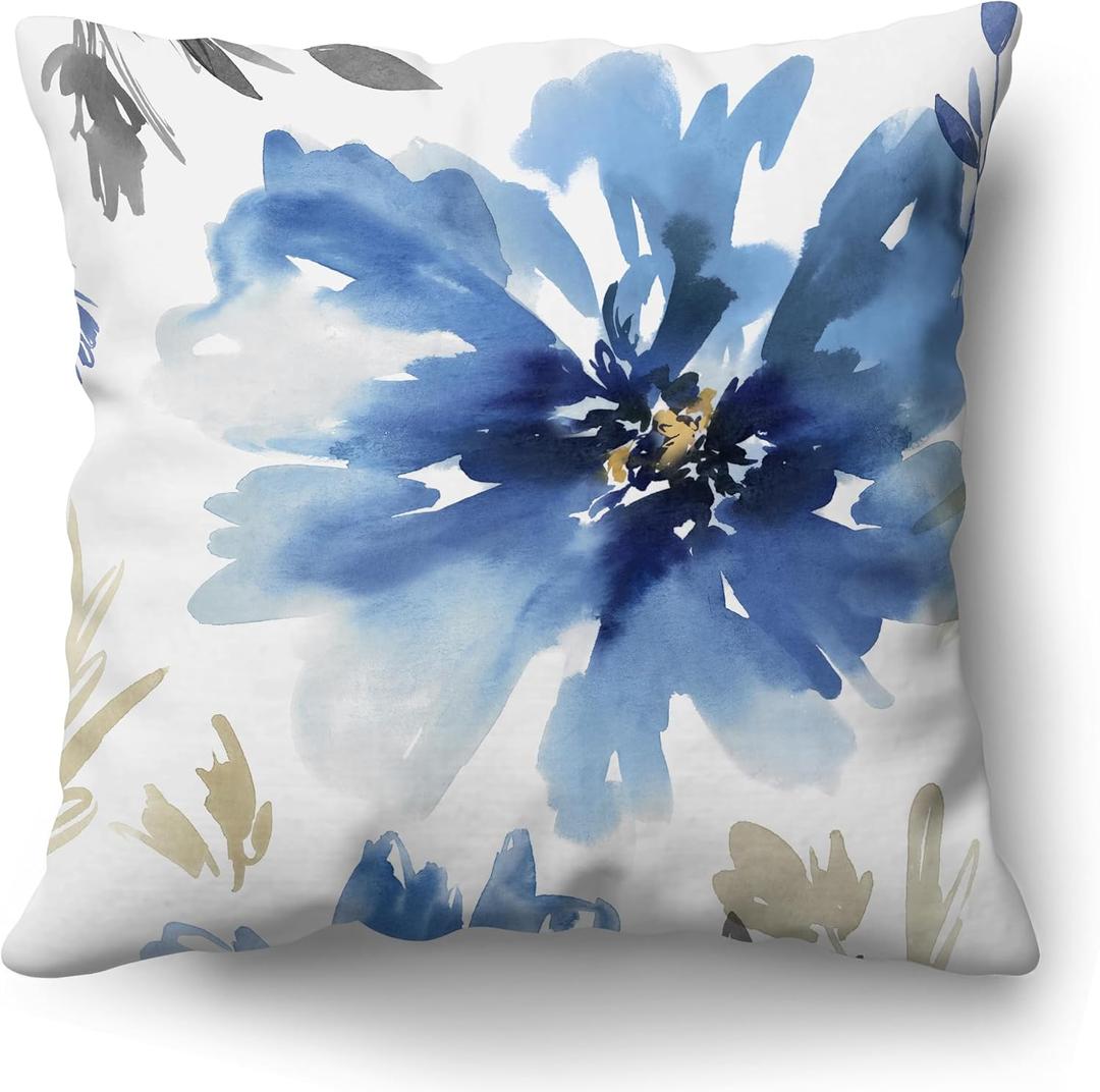 Americanflat 18x18 Throw Pillow with Sewn-in Insert - All-in-One Decorative Pillows - No Cover Needed - Soft and Durable Cushion for Bed or Sofa - Polyester - White and Indigo