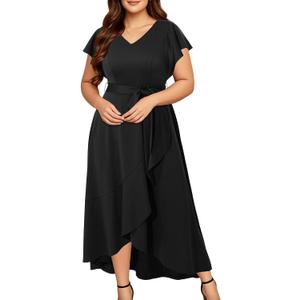 Women Plus Size Wedding Guest Dress - Formal Cocktail Split Ruffle V Neck High Low Party Long Maxi Dresses 2025 (Black), Size: 20 Plus