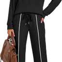WIHOLL Lounge Sets for Women 2 Piece Fall Outfits 2025 Wide Leg Pant Matching Sets Womens Clothing (Black, L)