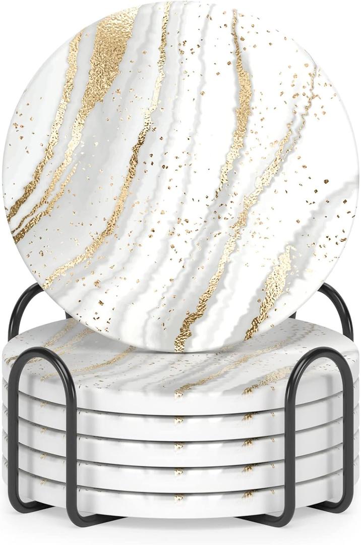 Nipichsha Coasters for Drinks, Set of 6 Cute Absorbent Ceramic Drink Coasters for Cup with Holder and Cork Base, Kitchen Home Decor Housewarming Gift, Round 4 in, Gold White