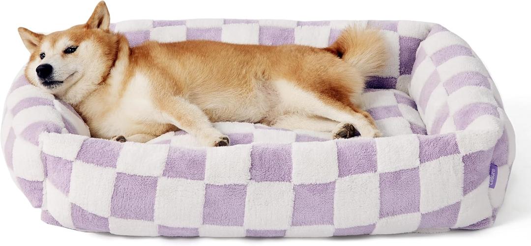 Lesure Cute Dog Bed for Large Dogs - Washable Pet Beds,Cozy Rectangle Orthopedic Sofa with Jacquard Shaggy Plush & Anti Slip Bottom,36x27x8inches (Lavender Checks)