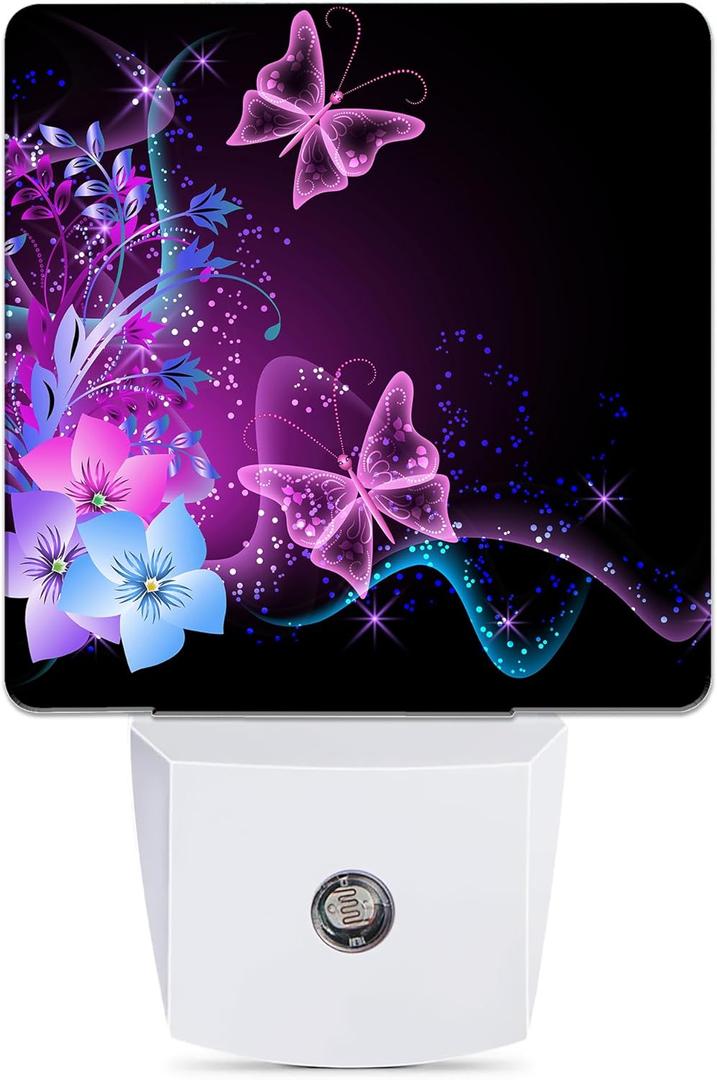 Purple Butterfly Night Light, Flowers Night Lights Plug into Wall Decor for Bedroom, Bathroom, Hallway, Kitchen, Dusk to Dawn Sensor Nightlights for Girls Women Room Gifts
