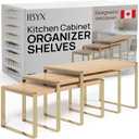 Ibyx Premium Kitchen Cabinet Organizer Shelf - Set of 3 Kitchen Counter Shelves - Stackable Shelf Racks for Cabinets - Metal Frame & Engineered Wood (Natural Wood, Gold Frame)