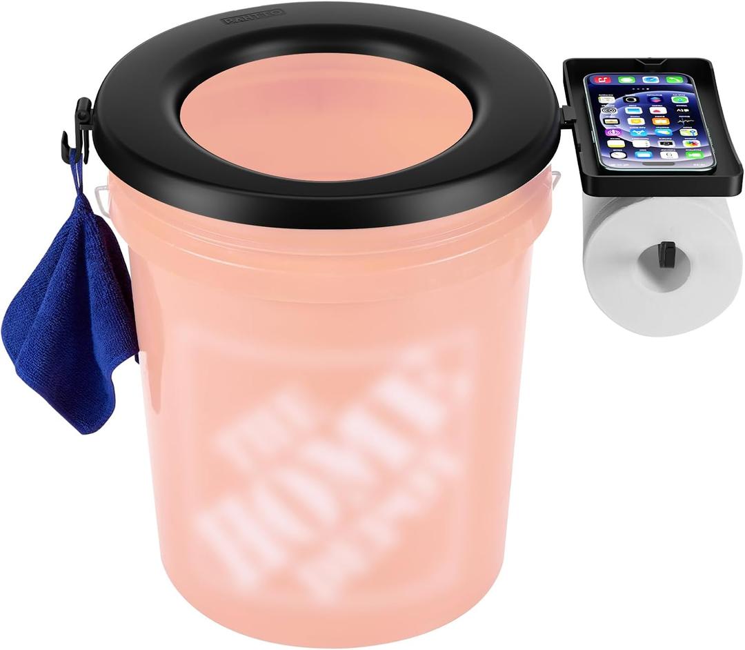 Bucket Toilet Seat, Portable Toilet Seat for 5 Gal Buckets, Camping Toilet Seat, Snap-on Toilet Seat for Outdoor, Camping, Hiking, Emergency, Car, Boat, RV Travel (with TP Holder and Phone Shelf)