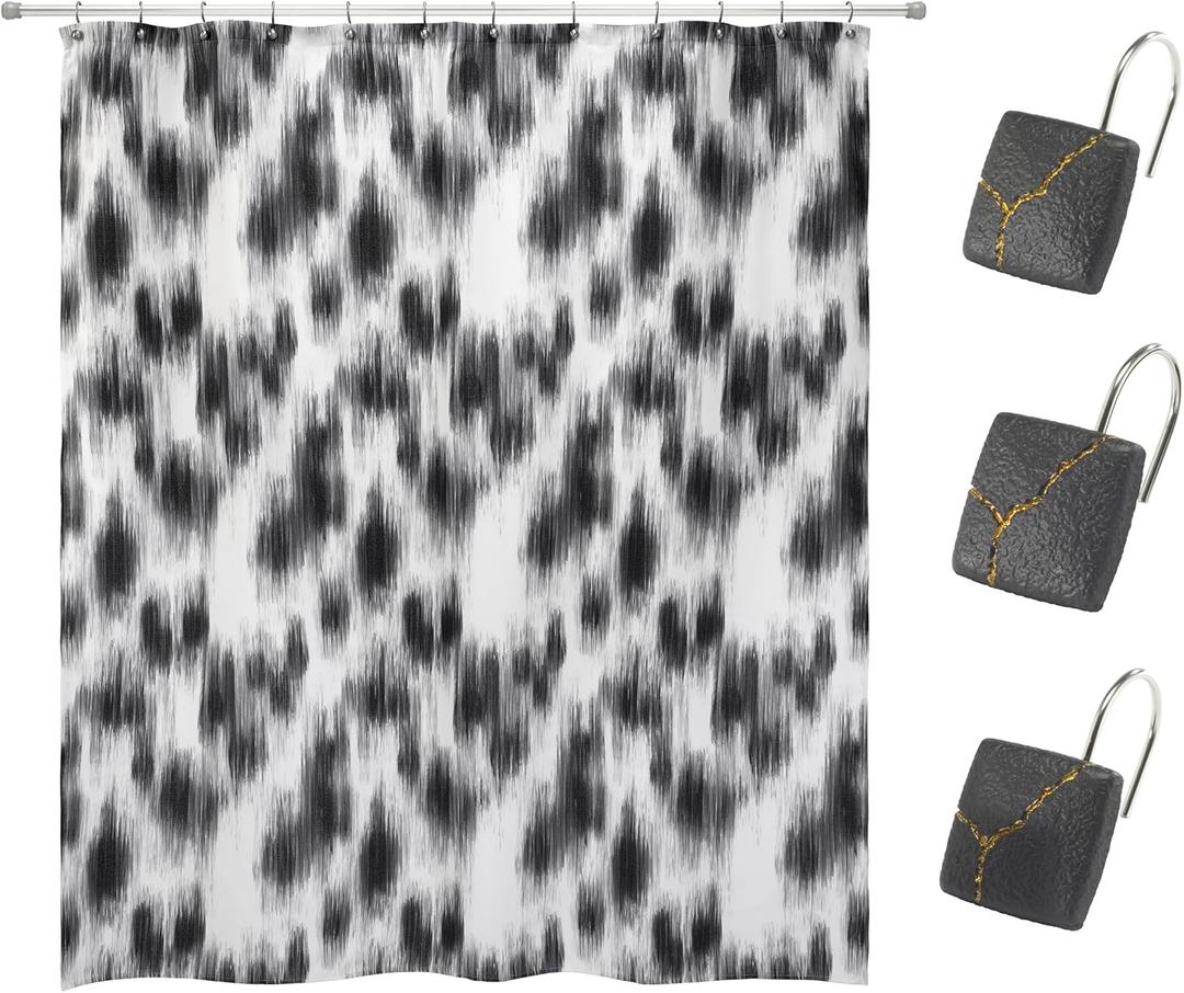 Nicole Miller - Shower Set, Fabric Shower Curtain & 12pc Shower Curtain Hooks, Dorm Room Essentials (Sydney Collection, Black/White)