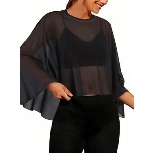 Hilinker Women's Mesh Shrug Sheer Poncho Split Open Back Workout Cover Up Tops Summer Black X-Large (Black)