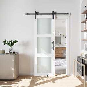 24" x 84" Sliding Glass Barn Door with 4FT Barn Door Hardware Kit Included, Assemblely Needed, Waterproof PVC Surface, White, 3 Panels Frosted Glass