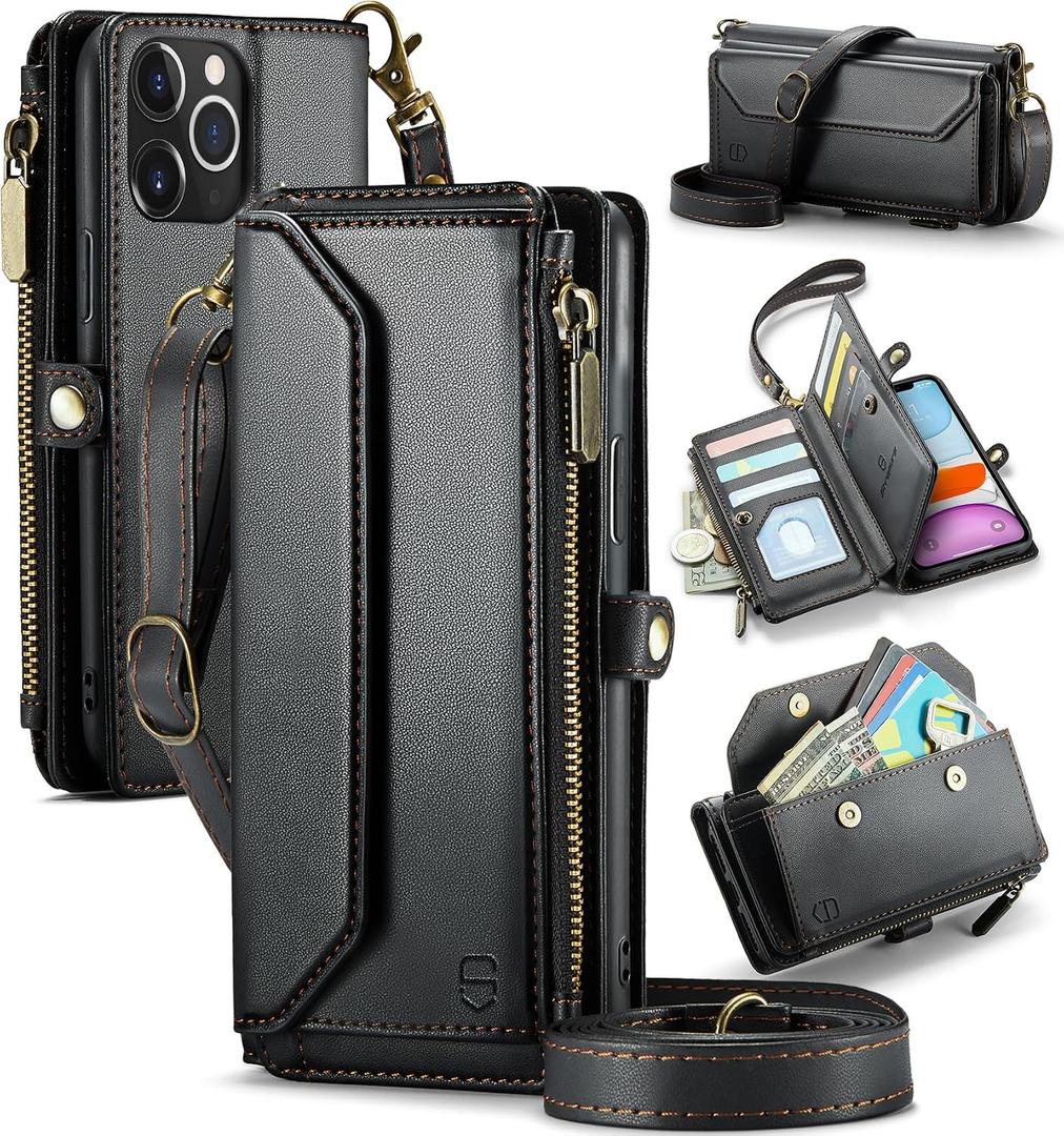 Strapurs Wallet Case Compatible with iPhone 11 Pro Max RFID Blocking 10-Card Holder Soft PU Leather Magnetic Snap Shoulder Strap Zipper Pocket Phone Case Fit for iPhone 11 Pro Max - Black