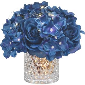 Rose Silk Flower Arrangement Artificial Vivid Rose in Glass Vase with LED Light Elegant Centerpiece for Home Wedding Bathroom Table Shelf Decoration (Navy Blue)