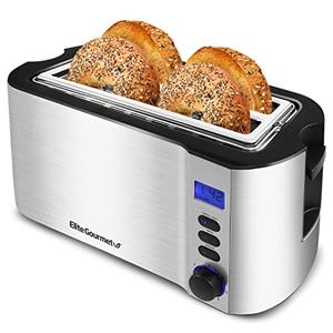 Elite Gourmet ECT4400B# Long Slot 4 Slice Toaster, Countdown Timer, 6 Toast Setting, Defrost, Cancel Function, Built-in Warming Rack, Extra Wide Slots for Bagel Waffle, Stainless Steel