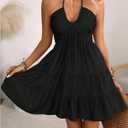 SOLY HUX Women's Summer Mini Dress Halter Backless Sleeveless A Line Ruffle Hem Flowy Cami Dresses Sundress (Black, M)