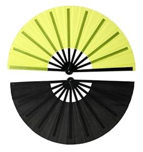 13 Inch Large Folding Hand Fan-Clacking Fans for Line Dancing, Rave Popping Fans for Women Foldable, Boots on The Ground Fan, Portable for Outdoor, Party, Decoration(Yellow+Black, 2 Packs)