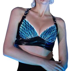 Crop Tops for Women LED Sexy Rave Outfits Light Up Bra Glow Party Clothes PU Leather Halter Top EDM Concert Tops L