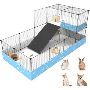 2-Story Guinea Pig Cages with Tarp, Large C&C Loft Cage for Rabbit Bunny Puppy Small Animal Indoor Dog Playpen Pet Exercise Enclosure, 25 Panels