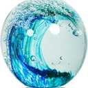 Hand Blown Ocean Wave Glass Ball Unique Gift for Beach LoversBeach Decorations for Home, Sea Glass Paperweight for Coastal Room Decor, Aquarium & Ocean Themed Decorations (Blue)