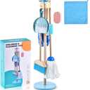 WHOHOLL Wooden Toddler Cleaning Set, Blue Toys Montessori Toys for 3+ Years Old Boy, Housekeeping Play Set Includes Broom Mop Duster Dustpan Sponge and Organizing Stand, STEM Skill Developmental Gift (B-blue)