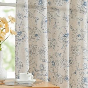 jinchan Floral Linen Curtains for Living Room 84 Inch Length Blue Flower Curtain Rod Pocket Back Tab Farmhouse Curtains with Printed Floral Bedroom Window Curtain Set, 2 Panels Blue 