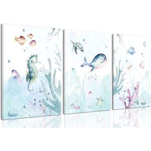 Wodkwq Ocean Nursery Decor, Nursery Wall Decor, Kids Bathroom Decor, Under The Sea, Boys Room Sea Animal Wall Art Picture Canvas Prints Set of 3, Bedroom 12x16 Inch Framed