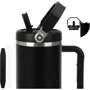 40oz Lid for Stanley Cup, Flip Straw Leak Proof Lids Replacement with Handle for 40oz Stanley Quencher and ProTour, No Spill Lids Reusable Removable Replacement Accessories for StanleyCup, (Black*1)