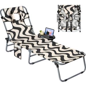Tanning Chair with Face Hole for Adults, Outdoor Folding Lounge Chair with Side Table for Phone Drinks and Tablet, 4 Position Adjustable Backrest, Lay Flat Chaise Lounger for Beach Patio Pool