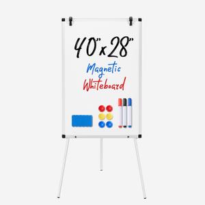 OLIXIS 40" x 28" Magnetic White Board with Stand, Standing Dry Erase Board, Whiteboard with 1 Dry Eraser & 2 Multicolor Markers & 4 Magnetic Pins, Aluminium Frame for Home, School, Office, White