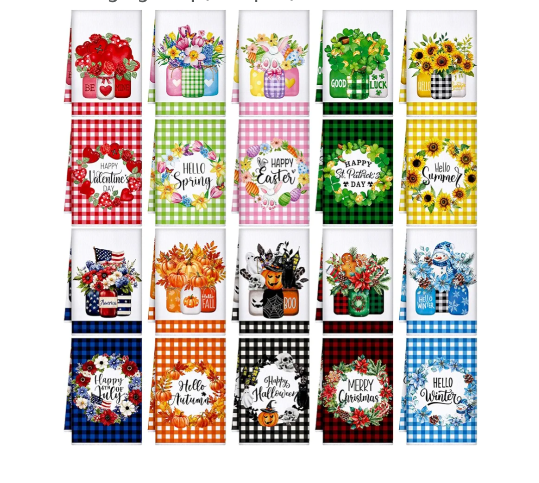 FuWeave 20 Pcs Holiday Kitchen Towels Seasonal Decorative Hand Towels Set Christmas Dish Cloths Winter Valentine's Day 16 x 24 Colorful Wash Cloths with Hanging Loop(Bouquet)