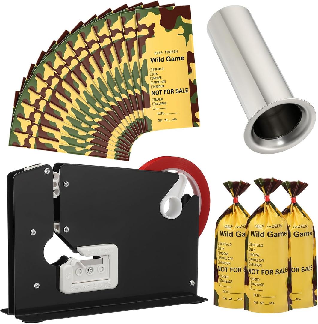 Funnymoom Meat Packaging Kit 500 Pcs Wild Game Freezer Bags, Steel Tape Sealer, 2 Rolls Sealing Tape, Stainless Steel Filling Tube for Meat Grinder Processing Supplies for Hunter Butcher (Camouflage)