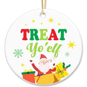 2 x Inspirational Christmas Hanging Ornaments 2025, for Coworkers Collegues Friends,Treat Yo'elf Ceramic Hanging Ornament Keepsake with Golden Ribbon for Xmas Tree Decor